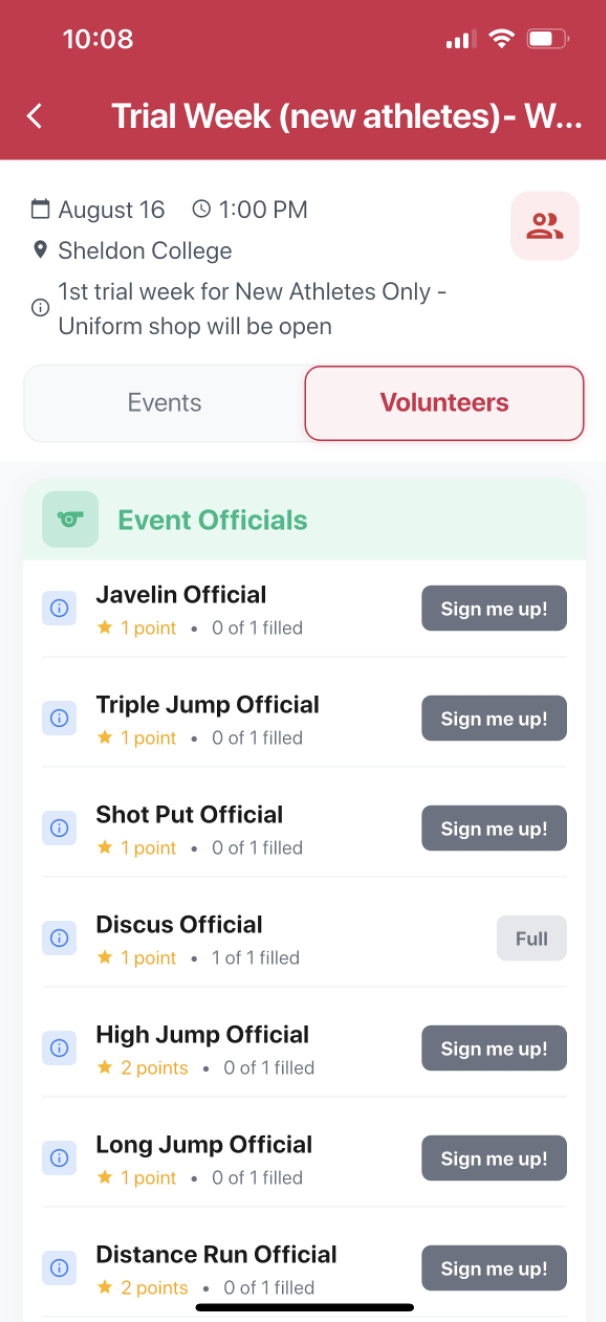 SplitFast Club Connect app meet details Volunteers tab showing event official roles including Javelin, Triple Jump, Shot Put, Discus, High Jump and Long Jump with Sign me up buttons and points values